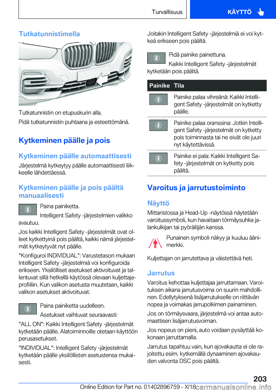 BMW X5 2019  Omistajan Käsikirja (in Finnish) �T�u�t�k�a�t�u�n�n�i�s�t�i�m�e�l�l�a
�T�u�t�k�a�t�u�n�n�i�s�t�i�n��o�n��e�t�u�p�u�s�k�u�r�i�n��a�l�l�a�.
�P�i�d�