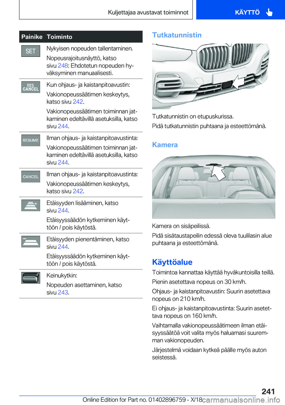 BMW X5 2019  Omistajan Käsikirja (in Finnish) �P�a�i�n�i�k�e�T�o�i�m�i�n�t�o�N�y�k�y�i�s�e�n��n�o�p�e�u�d�e�n��t�a�l�l�e�n�t�a�m�i�n�e�n�.
�N�o�p�e�u�s�r�a�j�o�i�t�u�s�n�