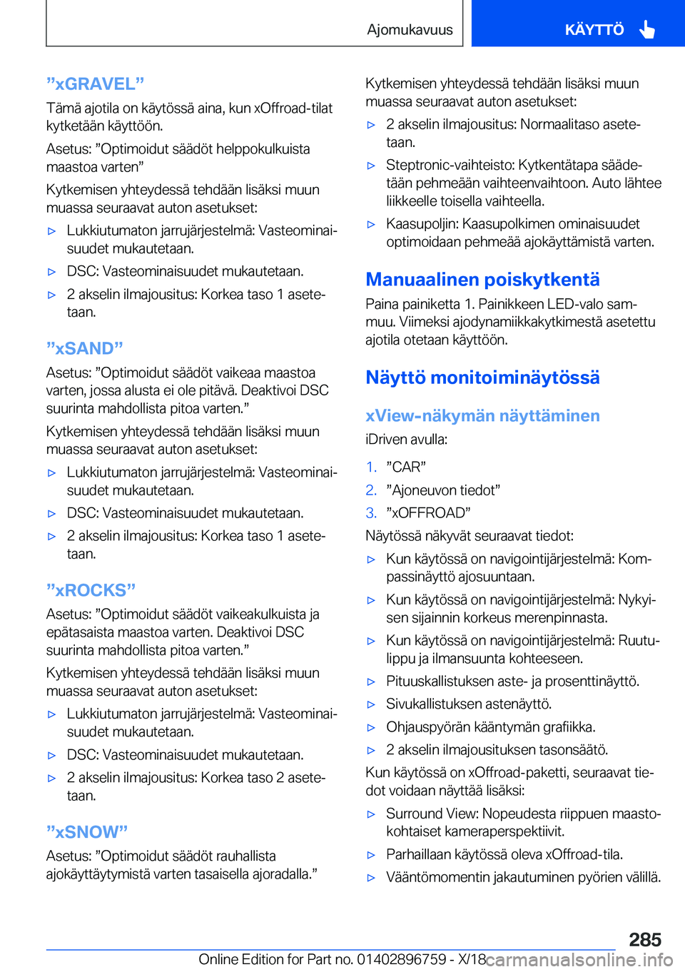 BMW X5 2019  Omistajan Käsikirja (in Finnish) w�x�G�R�A�V�E�Lw�T�