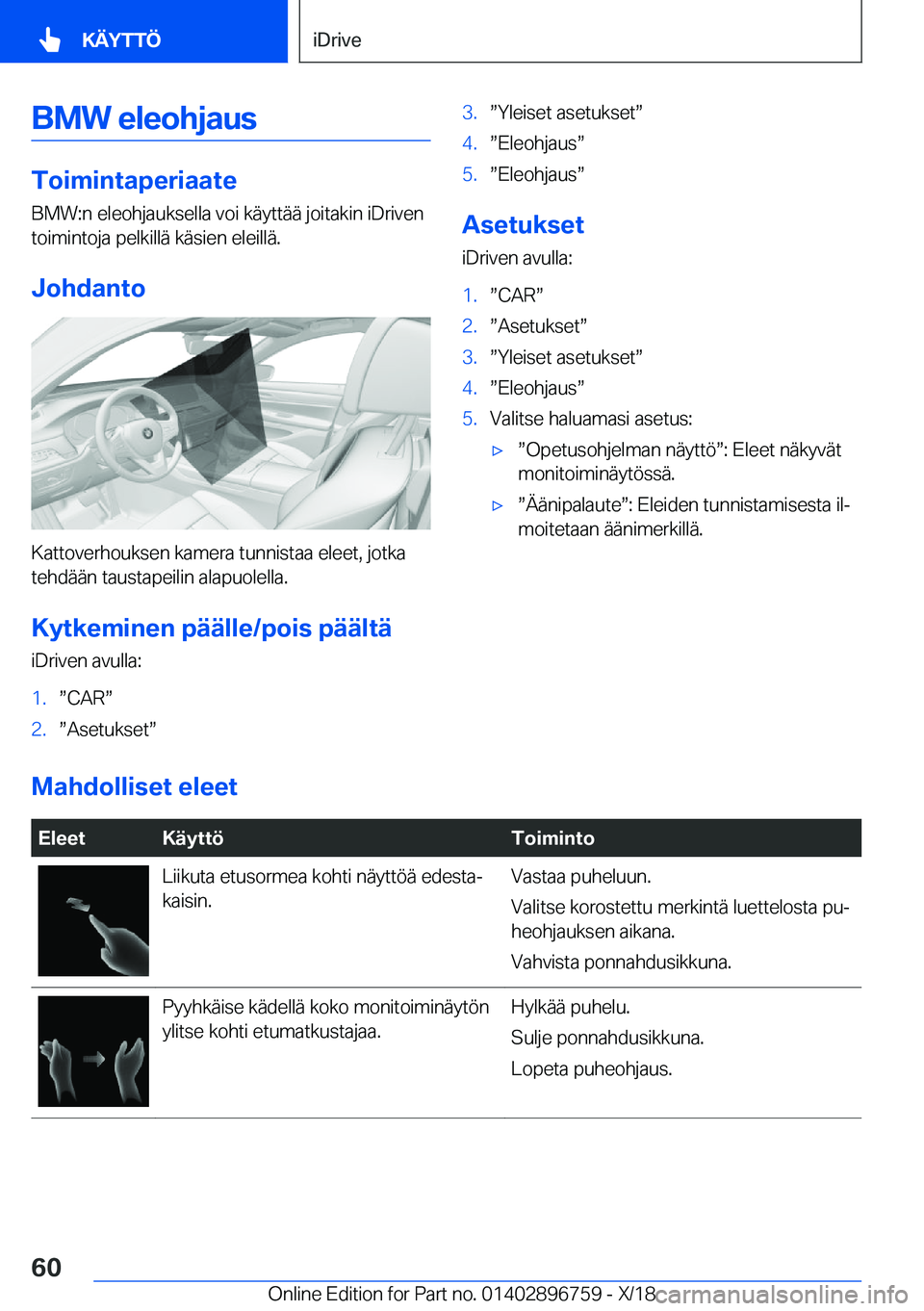 BMW X5 2019  Omistajan Käsikirja (in Finnish) �B�M�W��e�l�e�o�h�j�a�u�s
�T�o�i�m�i�n�t�a�p�e�r�i�a�a�t�e�B�M�W�:�n��e�l�e�o�h�j�a�u�k�s�e�l�l�a��v�o�i��k�