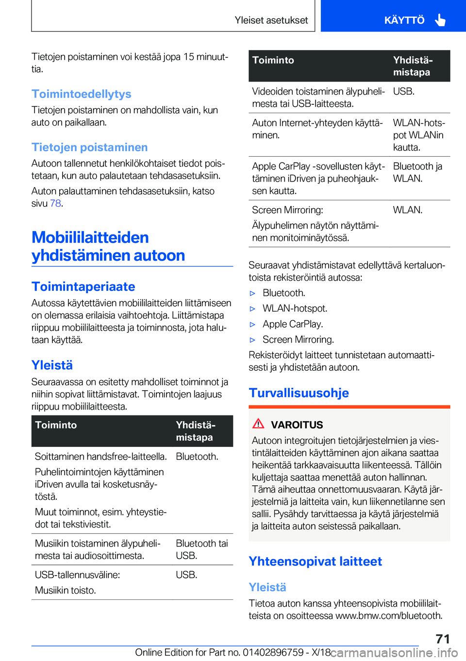 BMW X5 2019  Omistajan Käsikirja (in Finnish) �T�i�e�t�o�j�e�n��p�o�i�s�t�a�m�i�n�e�n��v�o�i��k�e�s�t�