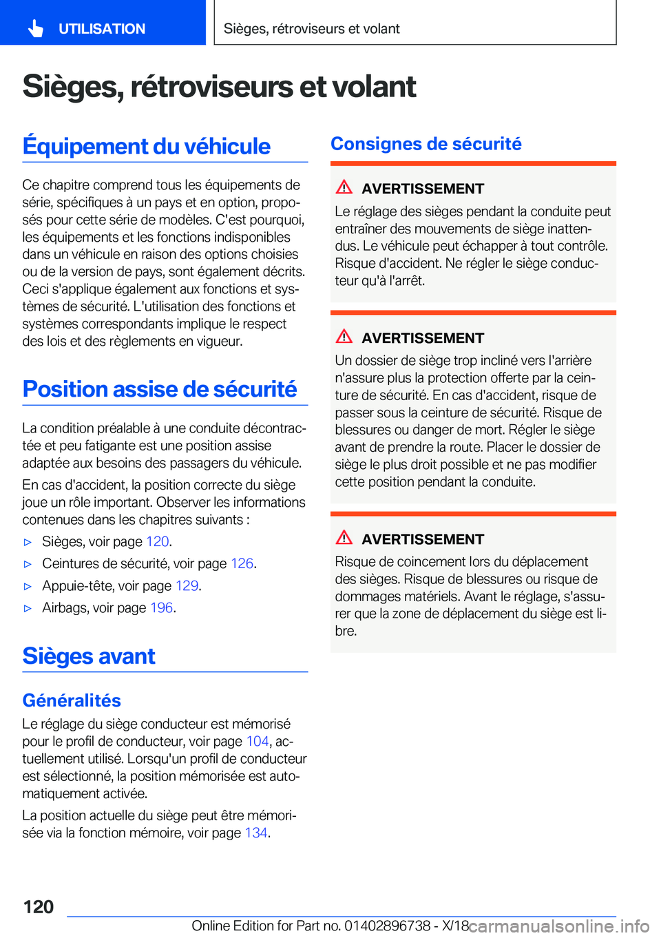 BMW X5 2019  Notices Demploi (in French) �S�i�è�g�e�s�,��r�é�t�r�o�v�i�s�e�u�r�s��e�t��v�o�l�a�n�t�