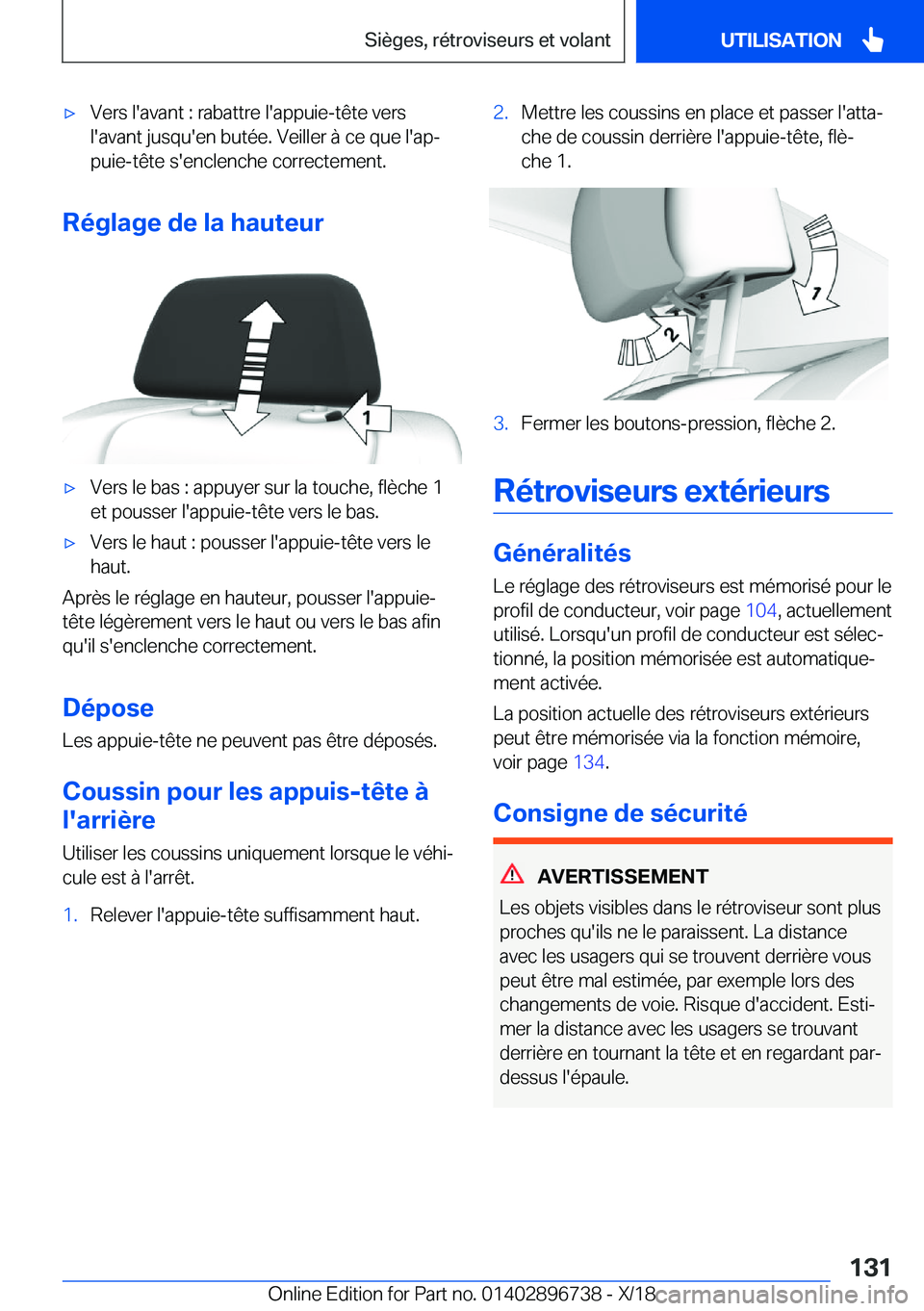 BMW X5 2019  Notices Demploi (in French) 'x�V�e�r�s��l�'�a�v�a�n�t��:��r�a�b�a�t�t�r�e��l�'�a�p�p�u�i�e�-�t�ê�t�e��v�e�r�s�l�'�a�v�a�n�t��j�u�s�q�u�'�e�n��b�u�t�é�e�.��V�e�i�l�l�e�r��