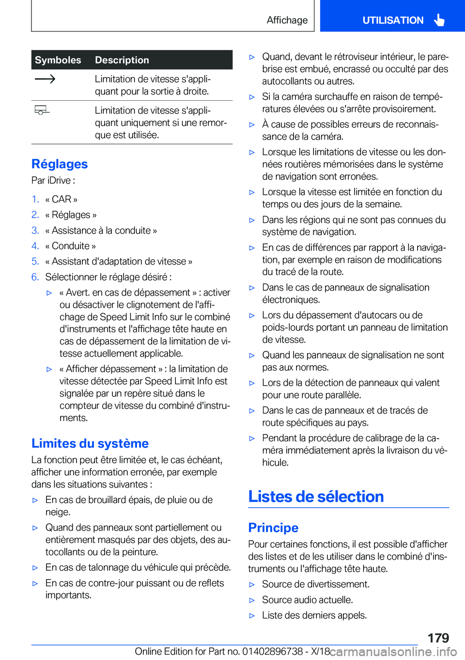 BMW X5 2019  Notices Demploi (in French) �S�y�m�b�o�l�e�s�D�e�s�c�r�i�p�t�i�o�n��L�i�m�i�t�a�t�i�o�n��d�e��v�i�t�e�s�s�e��s�'�a�p�p�l�ij
�q�u�a�n�t��p�o�u�r��l�a��s�o�r�t�i�e��