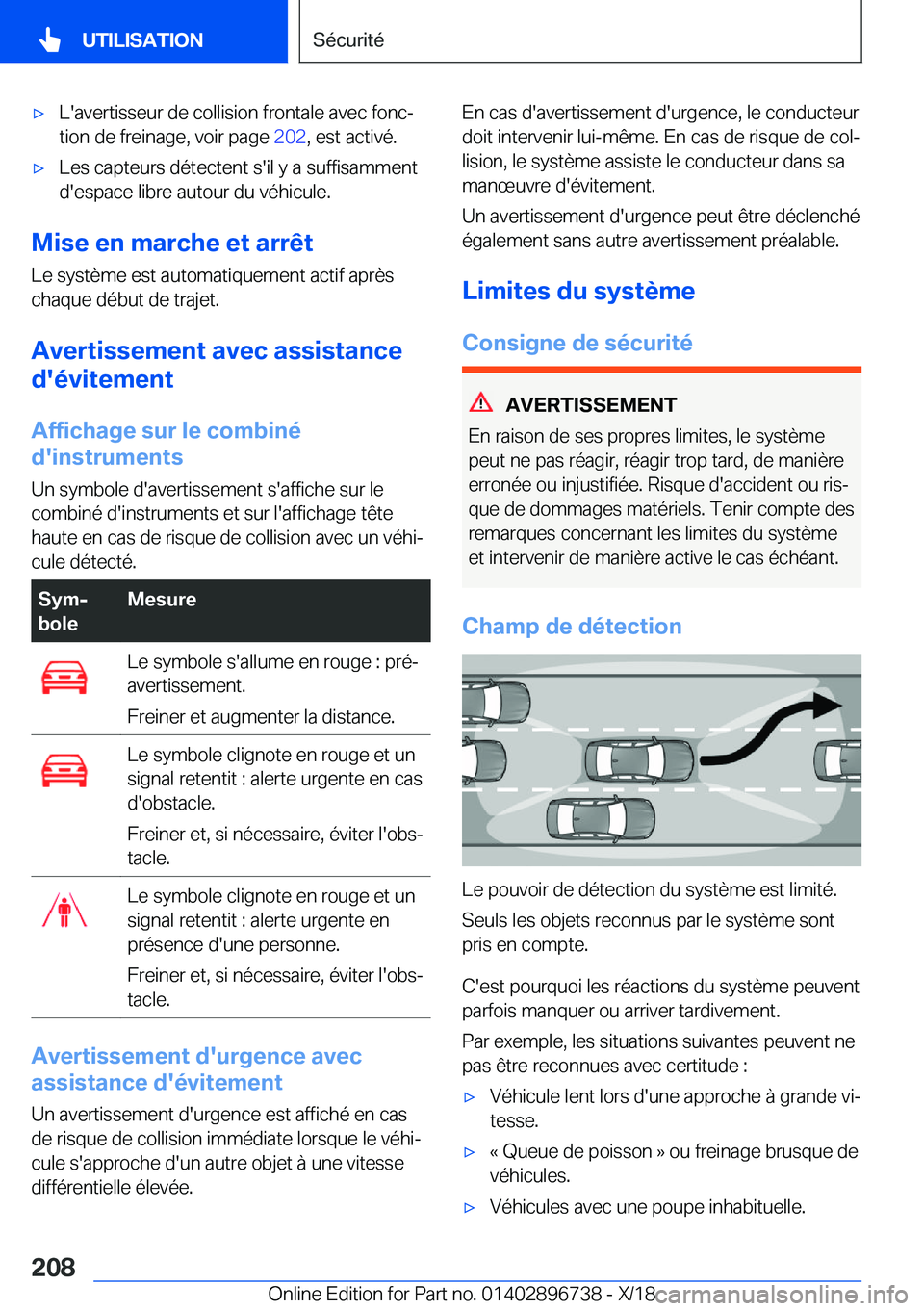 BMW X5 2019  Notices Demploi (in French) 'x�L�'�a�v�e�r�t�i�s�s�e�u�r��d�e��c�o�l�l�i�s�i�o�n��f�r�o�n�t�a�l�e��a�v�e�c��f�o�n�cj
�t�i�o�n��d�e��f�r�e�i�n�a�g�e�,��v�o�i�r��p�a�g�e� �2�0�2�,��e�s�t��a�c�t�i�v�é�.'x�