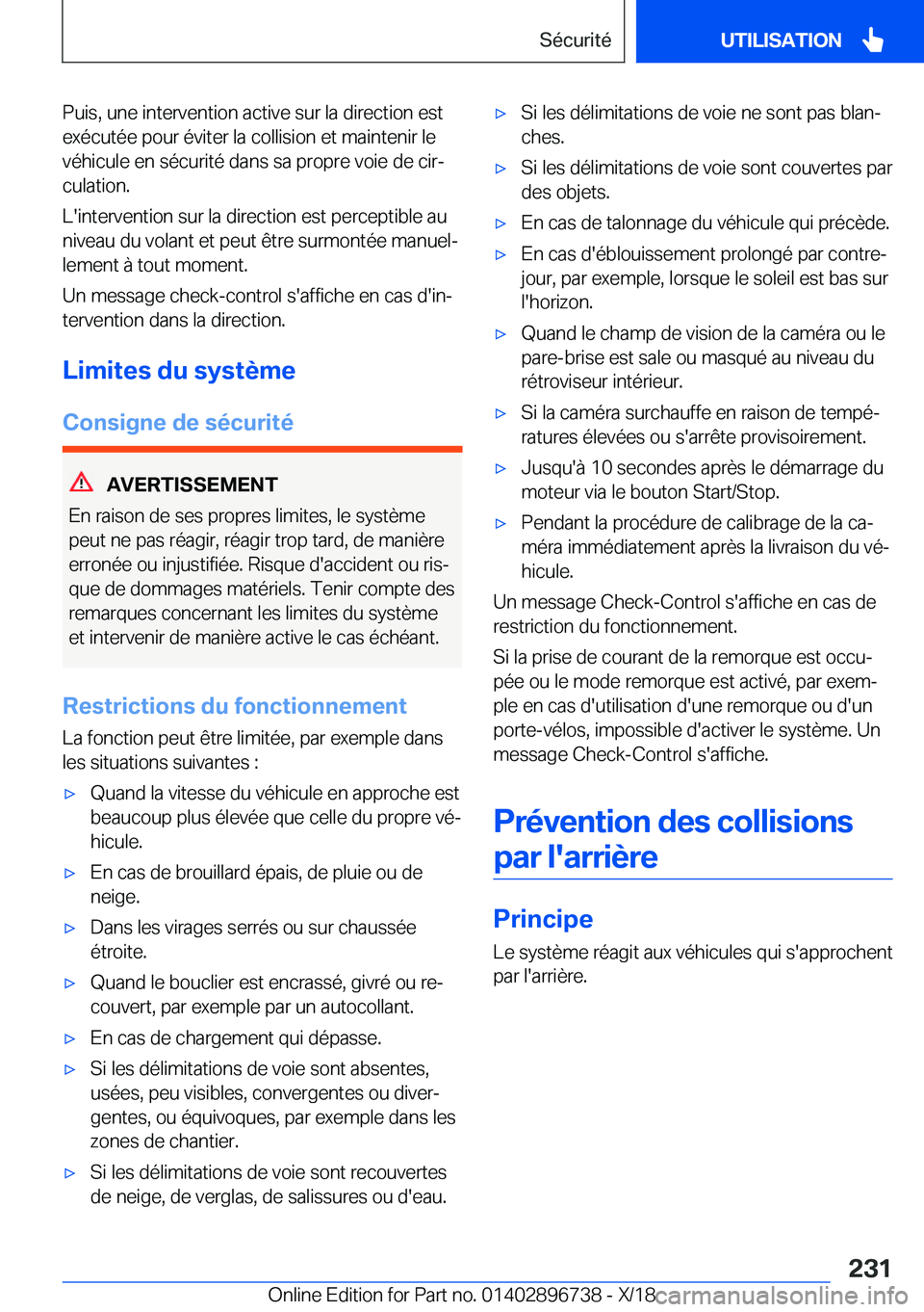 BMW X5 2019  Notices Demploi (in French) �P�u�i�s�,��u�n�e��i�n�t�e�r�v�e�n�t�i�o�n��a�c�t�i�v�e��s�u�r��l�a��d�i�r�e�c�t�i�o�n��e�s�t
�e�x�é�c�u�t�é�e��p�o�u�r��é�v�i�t�e�r��l�a��c�o�l�l�i�s�i�o�n��e�t��m�a�i�n�t�e�n�i�r��l