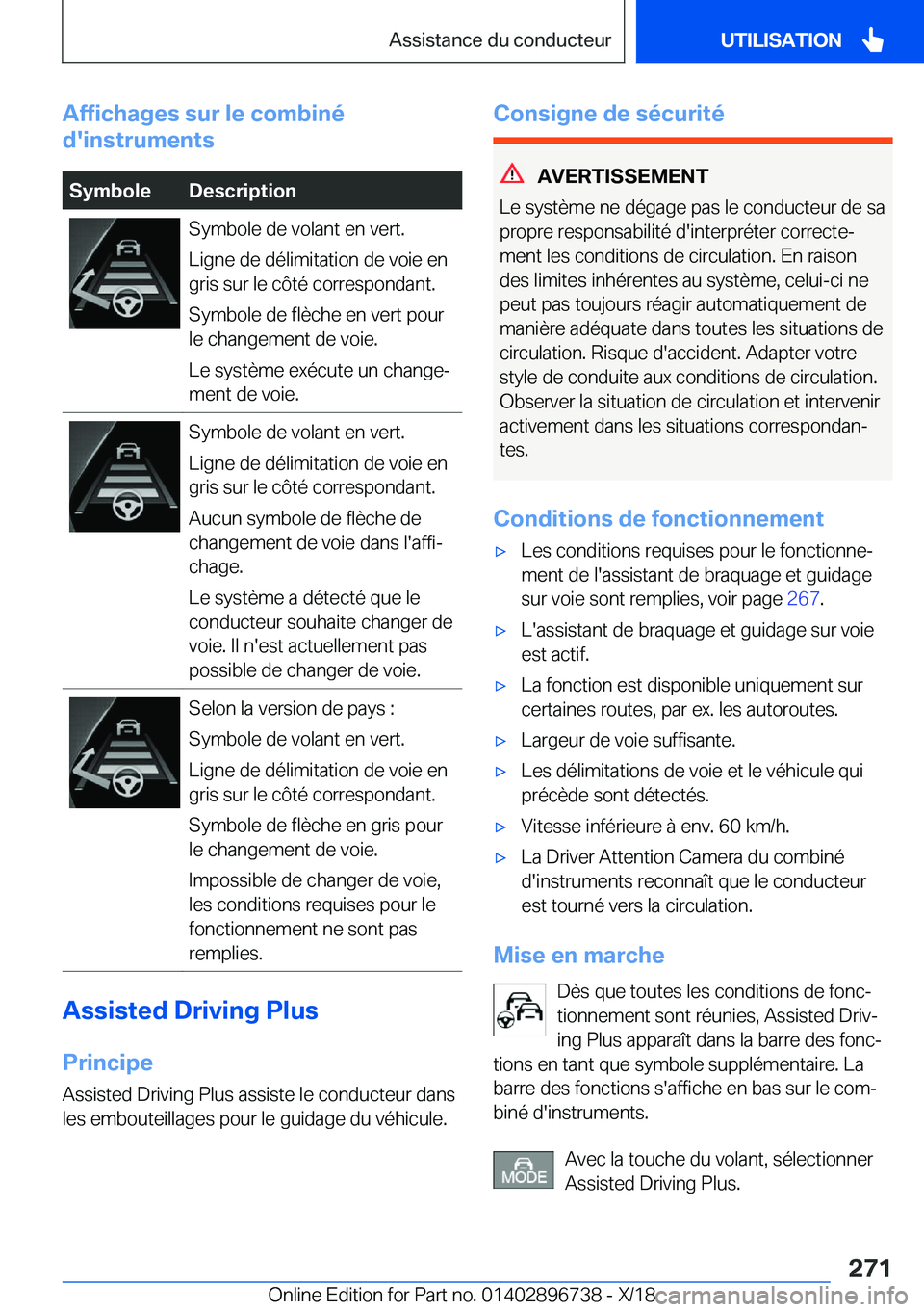 BMW X5 2019  Notices Demploi (in French) �A�f�f�i�c�h�a�g�e�s��s�u�r��l�e��c�o�m�b�i�n�é
�d�'�i�n�s�t�r�u�m�e�n�t�s�S�y�m�b�o�l�e�D�e�s�c�r�i�p�t�i�o�n�S�y�m�b�o�l�e��d�e��v�o�l�a�n�t��e�n��v�e�r�t�.
�L�i�g�n�e��d�e��d�é�l�i�m