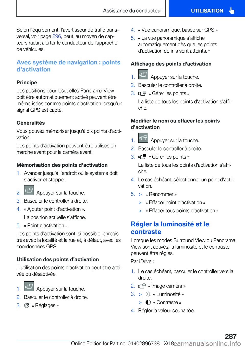 BMW X5 2019  Notices Demploi (in French) �S�e�l�o�n��l�'�é�q�u�i�p�e�m�e�n�t�,��l�'�a�v�e�r�t�i�s�s�e�u�r��d�e��t�r�a�f�i�c��t�r�a�n�sj�v�e�r�s�a�l�,��v�o�i�r��p�a�g�e� �2�9�6�,��p�e�u�t�,��a�u��m�o�y�e�n��d�e��c�a�pj