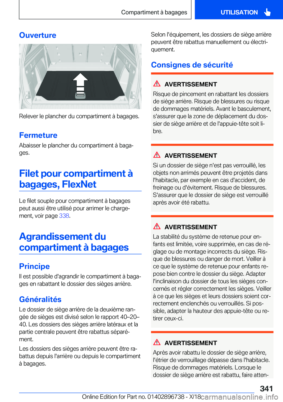 BMW X5 2019  Notices Demploi (in French) �O�u�v�e�r�t�u�r�e
�R�e�l�e�v�e�r��l�e��p�l�a�n�c�h�e�r��d�u��c�o�m�p�a�r�t�i�m�e�n�t��