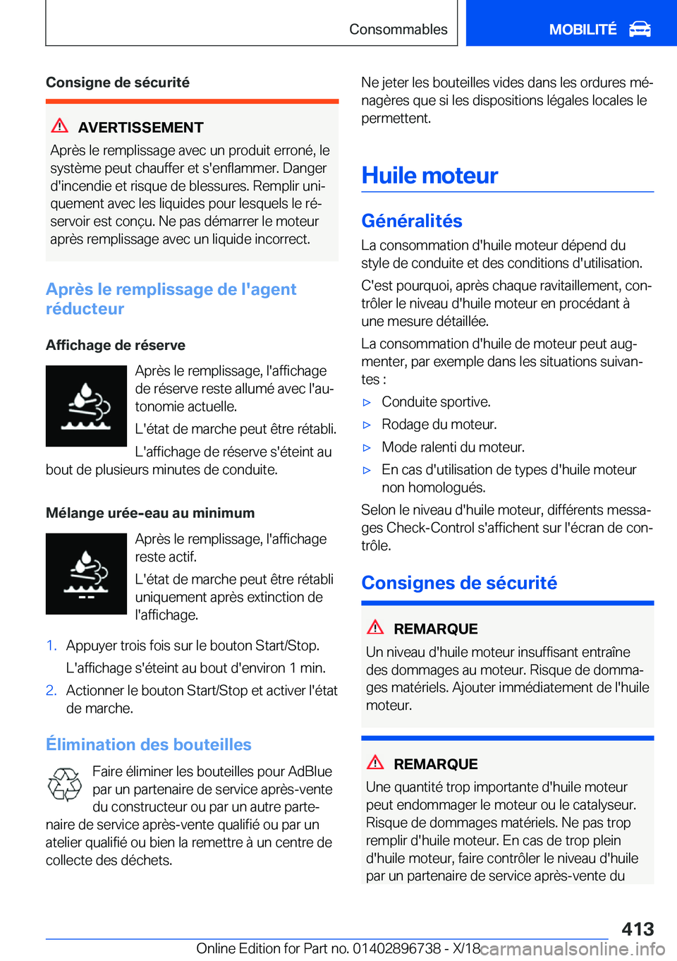 BMW X5 2019  Notices Demploi (in French) �C�o�n�s�i�g�n�e��d�e��s�é�c�u�r�i�t�é
�A�V�E�R�T�I�S�S�E�M�E�N�T
�A�p�r�è�s��l�e��r�e�m�p�l�i�s�s�a�g�e��a�v�e�c��u�n��p�r�o�d�u�i�t��e�r�r�o�n�é�,��l�e �s�y�s�t�è�m�e��p�e�u�t��c�h�a