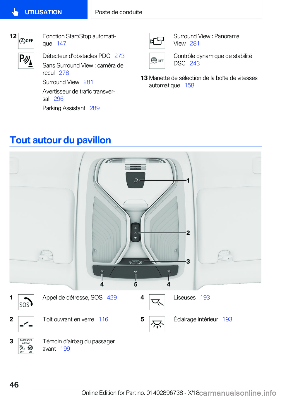 BMW X5 2019  Notices Demploi (in French) �1�2�F�o�n�c�t�i�o�n��S�t�a�r�t�/�S�t�o�p��a�u�t�o�m�a�t�ij
�q�u�e\_ �1�4�7�D�é�t�e�c�t�e�u�r��d�'�o�b�s�t�a�c�l�e�s��P�D�C\_ �2�7�3
�S�a�n�s��S�u�r�r�o�u�n�d��V�i�e�w��:��c�a�m�é�r