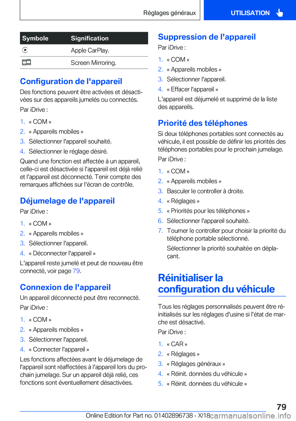 BMW X5 2019  Notices Demploi (in French) �S�y�m�b�o�l�e�S�i�g�n�i�f�i�c�a�t�i�o�n�A�p�p�l�e��C�a�r�P�l�a�y�.�S�c�r�e�e�n��M�i�r�r�o�r�i�n�g�.
�C�o�n�f�i�g�u�r�a�t�i�o�n��d�e��l�'�a�p�p�a�r�e�i�l�D�e�s��f�o�n�c�t�i�o�n�s��p�e�u�v�e�