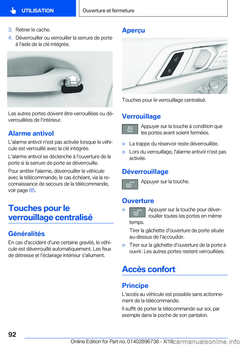 BMW X5 2019  Notices Demploi (in French) �3�.�R�e�t�i�r�e�r��l�e��c�a�c�h�e�.�4�.�D�é�v�e�r�r�o�u�i�l�l�e�r��o�u��v�e�r�r�o�u�i�l�l�e�r��l�a��s�e�r�r�u�r�e��d�e��p�o�r�t�e�