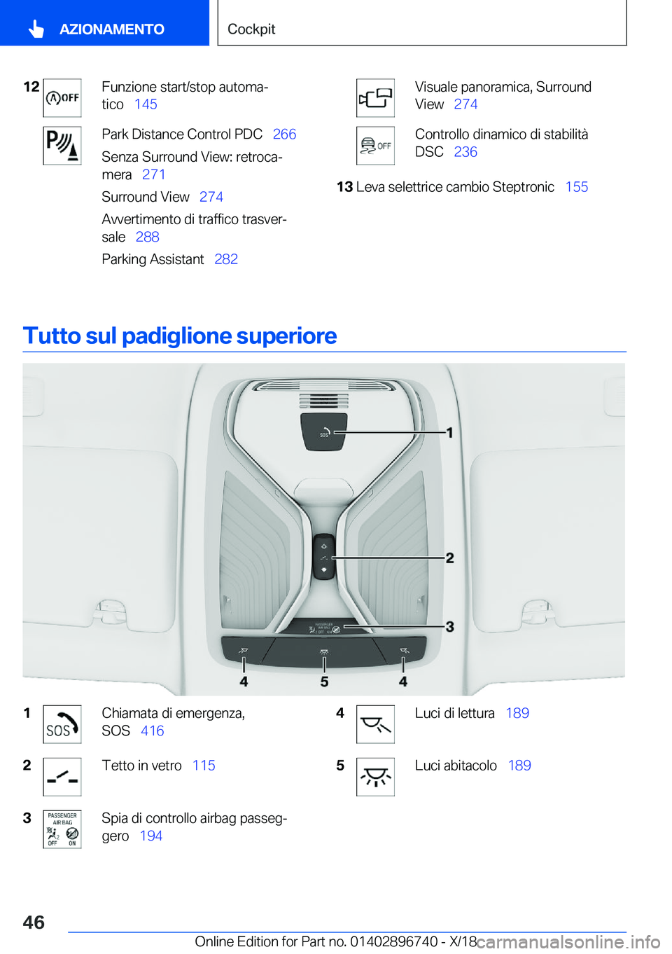 BMW X5 2019  Libretti Di Uso E manutenzione (in Italian) �1�2�F�u�n�z�i�o�n�e��s�t�a�r�t�/�s�t�o�p��a�u�t�o�m�aª
�t�i�c�o\_ �1�4�5�P�a�r�k��D�i�s�t�a�n�c�e��C�o�n�t�r�o�l��P�D�C\_ �2�6�6
�S�e�n�z�a��S�u�r�r�o�u�n�d��V�i�e�w�:��r�e�t�r�o�c�aª