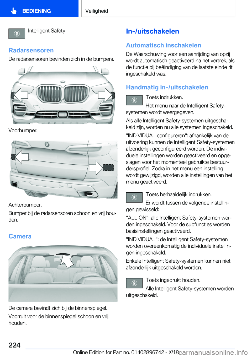 BMW X5 2019  Instructieboekjes (in Dutch) �I�n�t�e�l�l�i�g�e�n�t��S�a�f�e�t�y
�R�a�d�a�r�s�e�n�s�o�r�e�n
�D�e��r�a�d�a�r�s�e�n�s�o�r�e�n��b�e�v�i�n�d�e�n��z�i�c�h��i�n��d�e��b�u�m�p�e�r�s�.
�V�o�o�r�b�u�m�p�e�r�.
�A�c�h�t�e�r�b�u�m�p�e