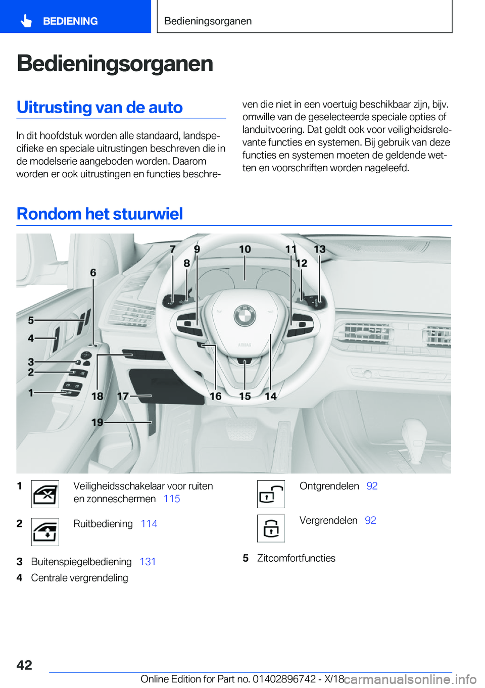 BMW X5 2019  Instructieboekjes (in Dutch) �B�e�d�i�e�n�i�n�g�s�o�r�g�a�n�e�n�U�i�t�r�u�s�t�i�n�g��v�a�n��d�e��a�u�t�o
�I�n��d�i�t��h�o�o�f�d�s�t�u�k��w�o�r�d�e�n��a�l�l�e��s�t�a�n�d�a�a�r�d�,��l�a�n�d�s�p�ej�c�i�f�i�e�k�e��e�n��s�