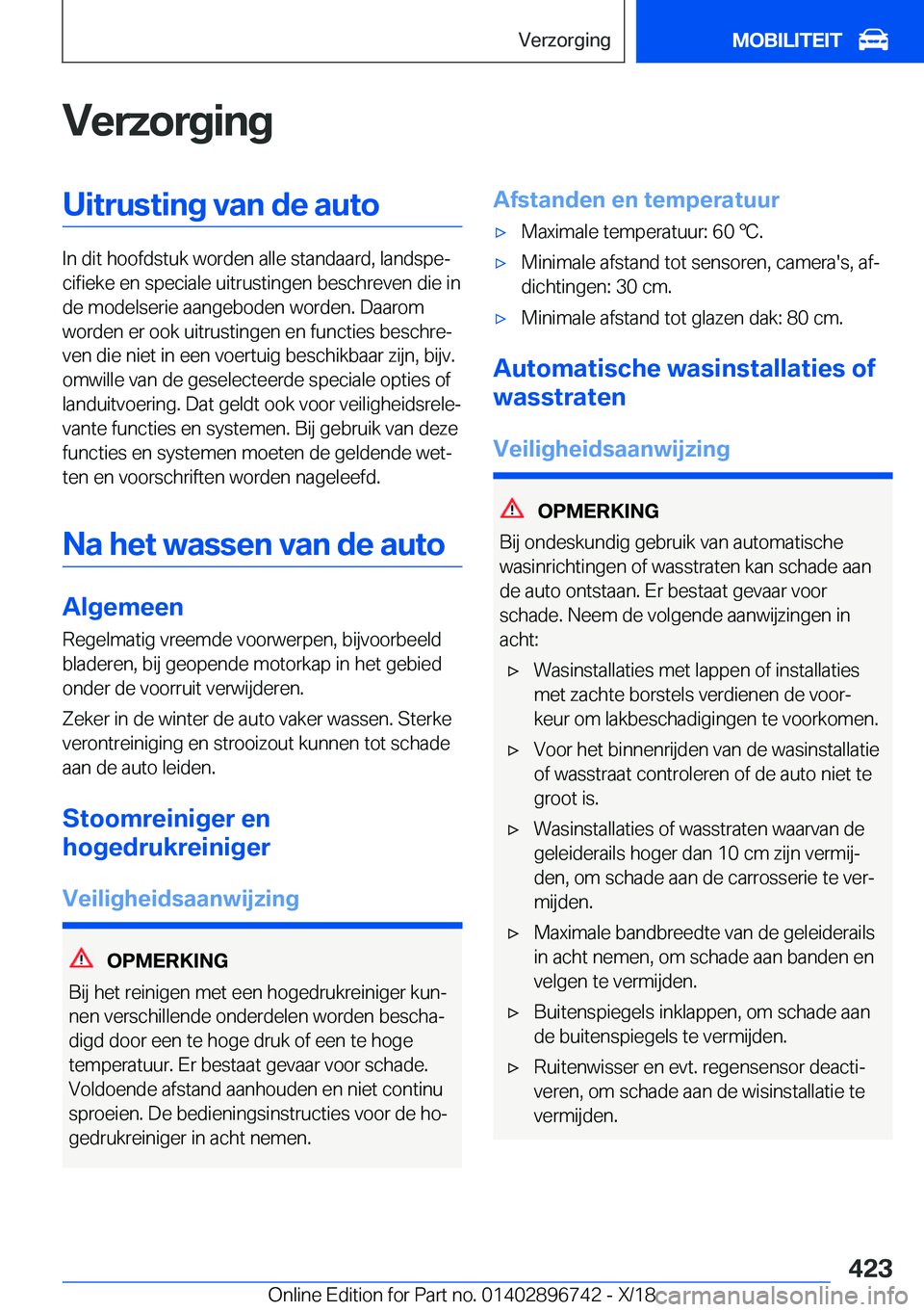 BMW X5 2019  Instructieboekjes (in Dutch) �V�e�r�z�o�r�g�i�n�g�U�i�t�r�u�s�t�i�n�g��v�a�n��d�e��a�u�t�o
�I�n��d�i�t��h�o�o�f�d�s�t�u�k��w�o�r�d�e�n��a�l�l�e��s�t�a�n�d�a�a�r�d�,��l�a�n�d�s�p�ej�c�i�f�i�e�k�e��e�n��s�p�e�c�i�a�l�e�