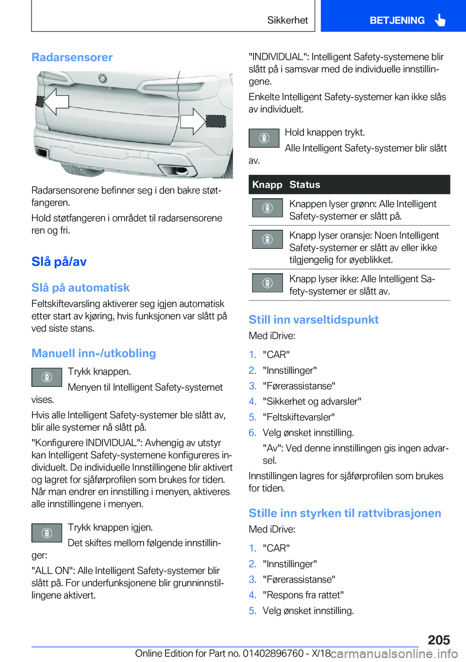 BMW X5 2019  InstruksjonsbØker (in Norwegian) �R�a�d�a�r�s�e�n�s�o�r�e�r
�R�a�d�a�r�s�e�n�s�o�r�e�n�e��b�e�f�i�n�n�e�r��s�e�g��i��d�e�n��b�a�k�r�e��s�t�