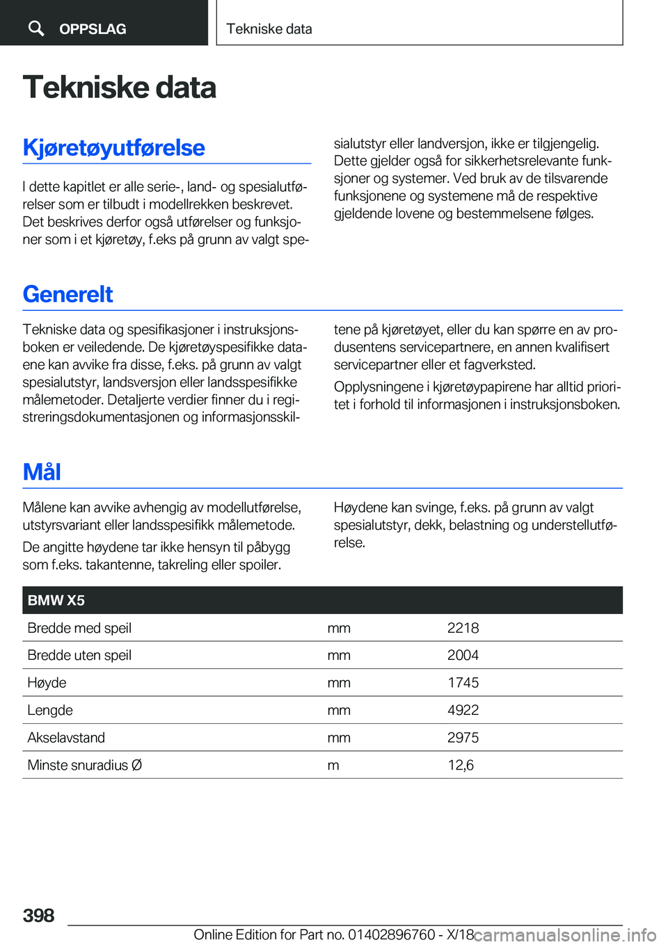 BMW X5 2019  InstruksjonsbØker (in Norwegian) �T�e�k�n�i�s�k�e��d�a�t�a�K�j�