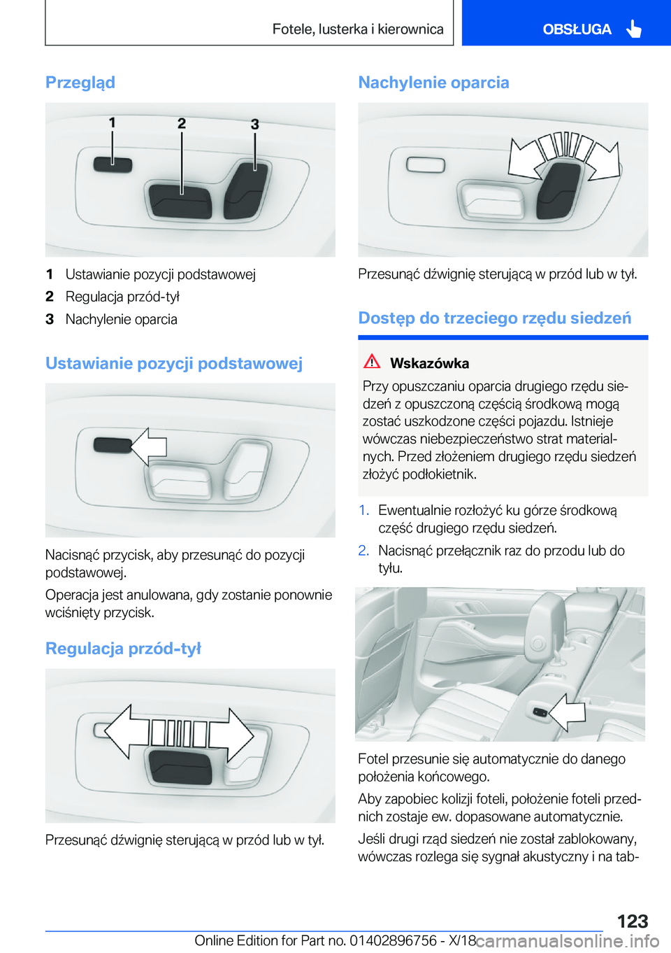 BMW X5 2019  Instrukcja obsługi (in Polish) �P�r�z�e�g�l�ą�d�1�U�s�t�a�w�i�a�n�i�e��p�o�z�y�c�j�i��p�o�d�s�t�a�w�o�w�e�j�2�R�e�g�u�l�a�c�j�a��p�r�z�