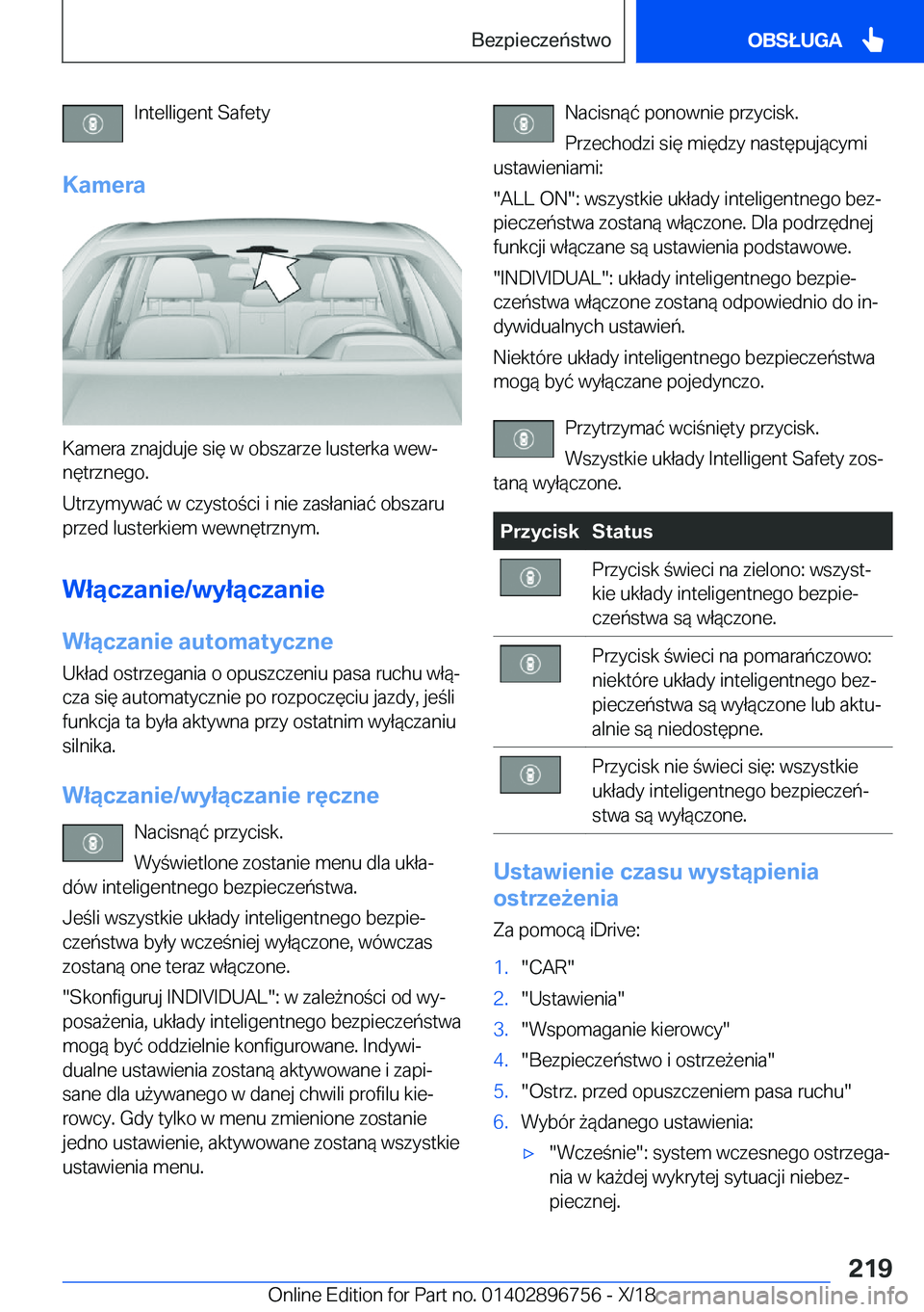 BMW X5 2019  Instrukcja obsługi (in Polish) �I�n�t�e�l�l�i�g�e�n�t��S�a�f�e�t�y
�K�a�m�e�r�a
�K�a�m�e�r�a��z�n�a�j�d�u�j�e��s�i�