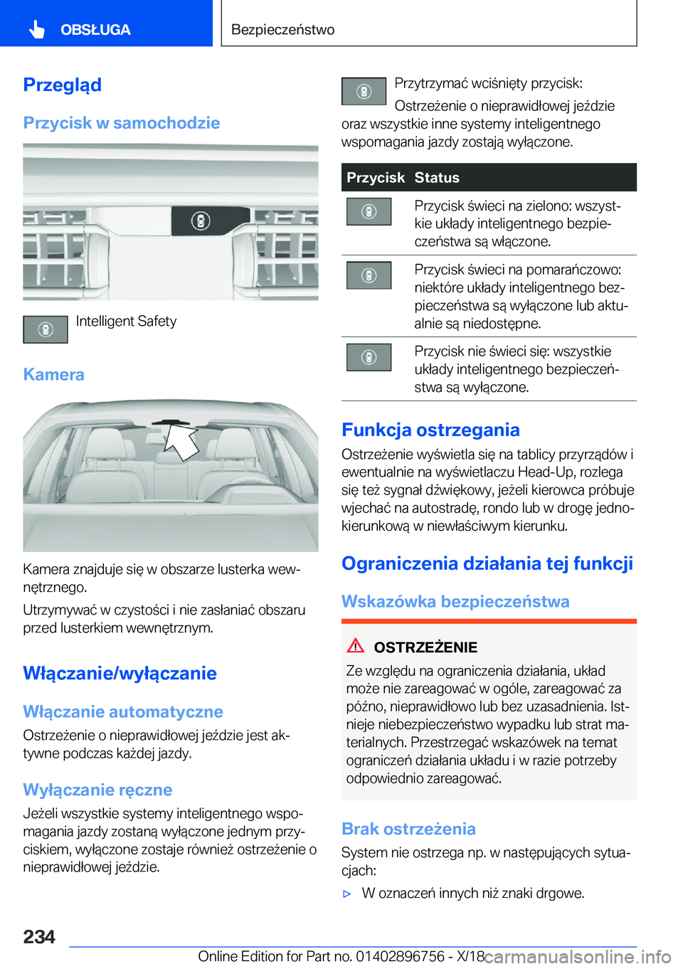 BMW X5 2019  Instrukcja obsługi (in Polish) �P�r�z�e�g�l�ą�d�P�r�z�y�c�i�s�k��w��s�a�m�o�c�h�o�d�z�i�e
�I�n�t�e�l�l�i�g�e�n�t��S�a�f�e�t�y
�K�a�m�e�r�a
�K�a�m�e�r�a��z�n�a�j�d�u�j�e��s�i�