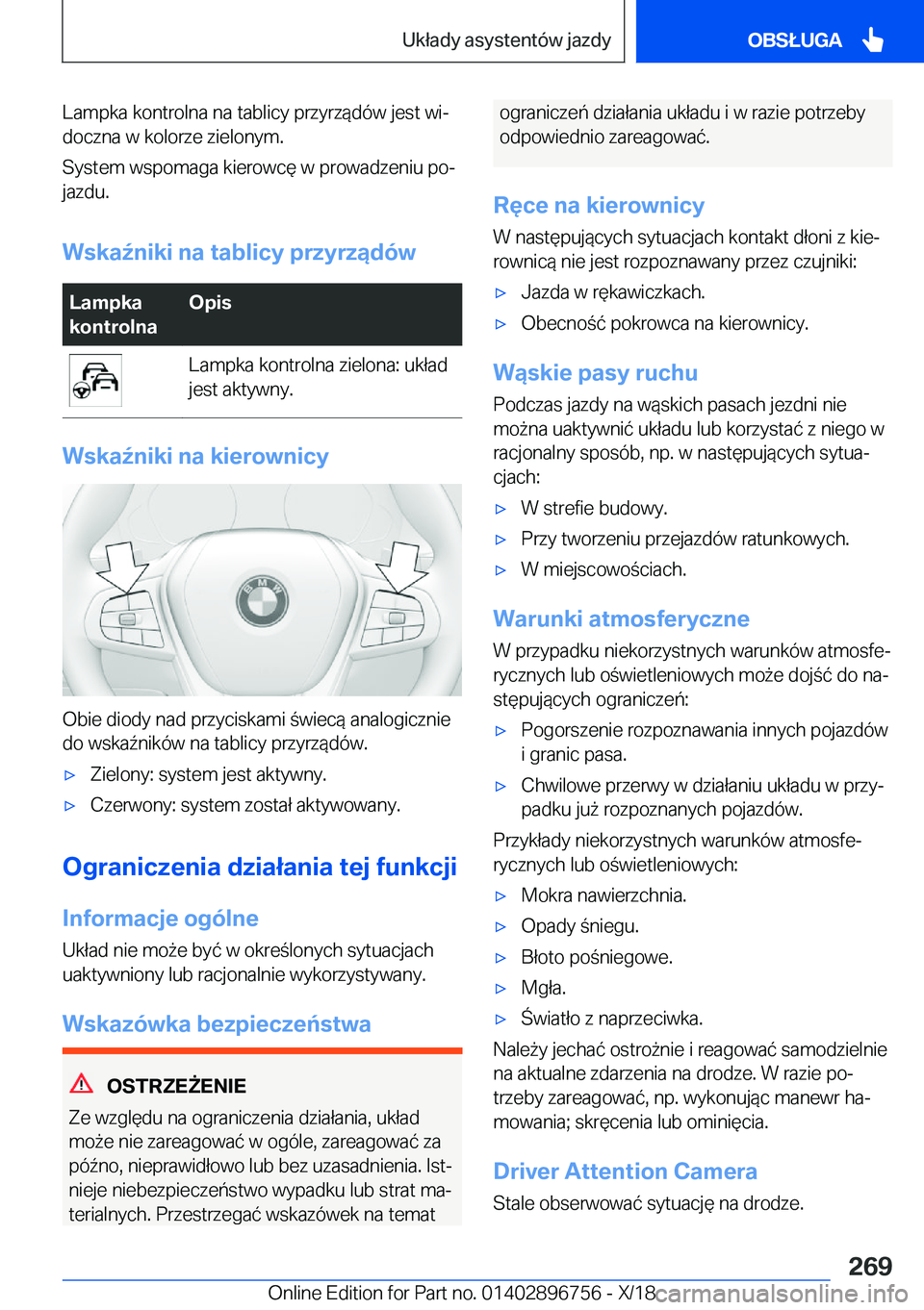 BMW X5 2019  Instrukcja obsługi (in Polish) �L�a�m�p�k�a��k�o�n�t�r�o�l�n�a��n�a��t�a�b�l�i�c�y��p�r�z�y�r�z�