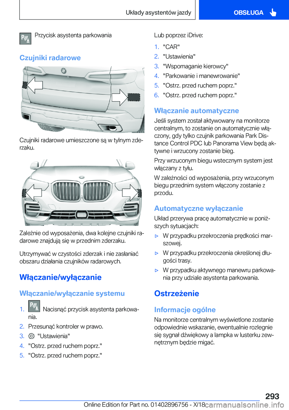 BMW X5 2019  Instrukcja obsługi (in Polish) �P�r�z�y�c�i�s�k��a�s�y�s�t�e�n�t�a��p�a�r�k�o�w�a�n�i�a
�C�z�u�j�n�i�k�i��r�a�d�a�r�o�w�e
�C�z�u�j�n�i�k�i��r�a�d�a�r�o�w�e��u�m�i�e�s�z�c�z�o�n�e��s�
