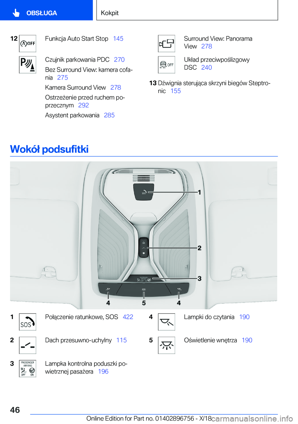 BMW X5 2019  Instrukcja obsługi (in Polish) �1�2�F�u�n�k�c�j�a��A�u�t�o��S�t�a�r�t��S�t�o�p\_�1�4�5�C�z�u�j�n�i�k��p�a�r�k�o�w�a�n�i�a��P�D�C\_ �2�7�0
�B�e�z��S�u�r�r�o�u�n�d��V�i�e�w�:��k�a�m�e�r�a��c�o�f�aj
�n�i�a\_ �2�7�5
�K�
