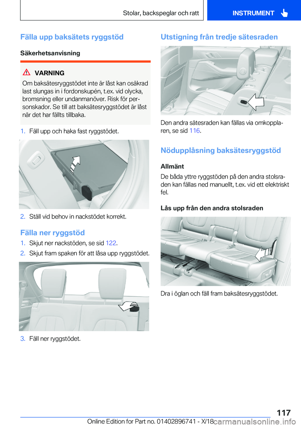BMW X5 2019  InstruktionsbÖcker (in Swedish) �F�ä�l�l�a��u�p�p��b�a�k�s�ä�t�e�t�s��r�y�g�g�s�t�
