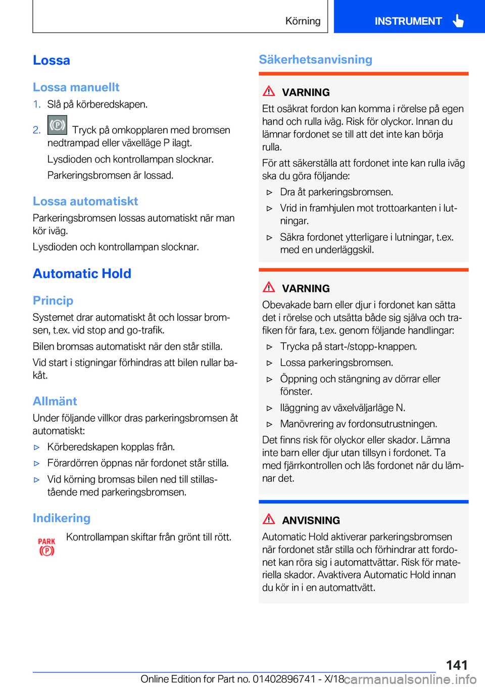 BMW X5 2019  InstruktionsbÖcker (in Swedish) �L�o�s�s�a
�L�o�s�s�a��m�a�n�u�e�l�l�t�1�.�S�l�å��p�å��k�