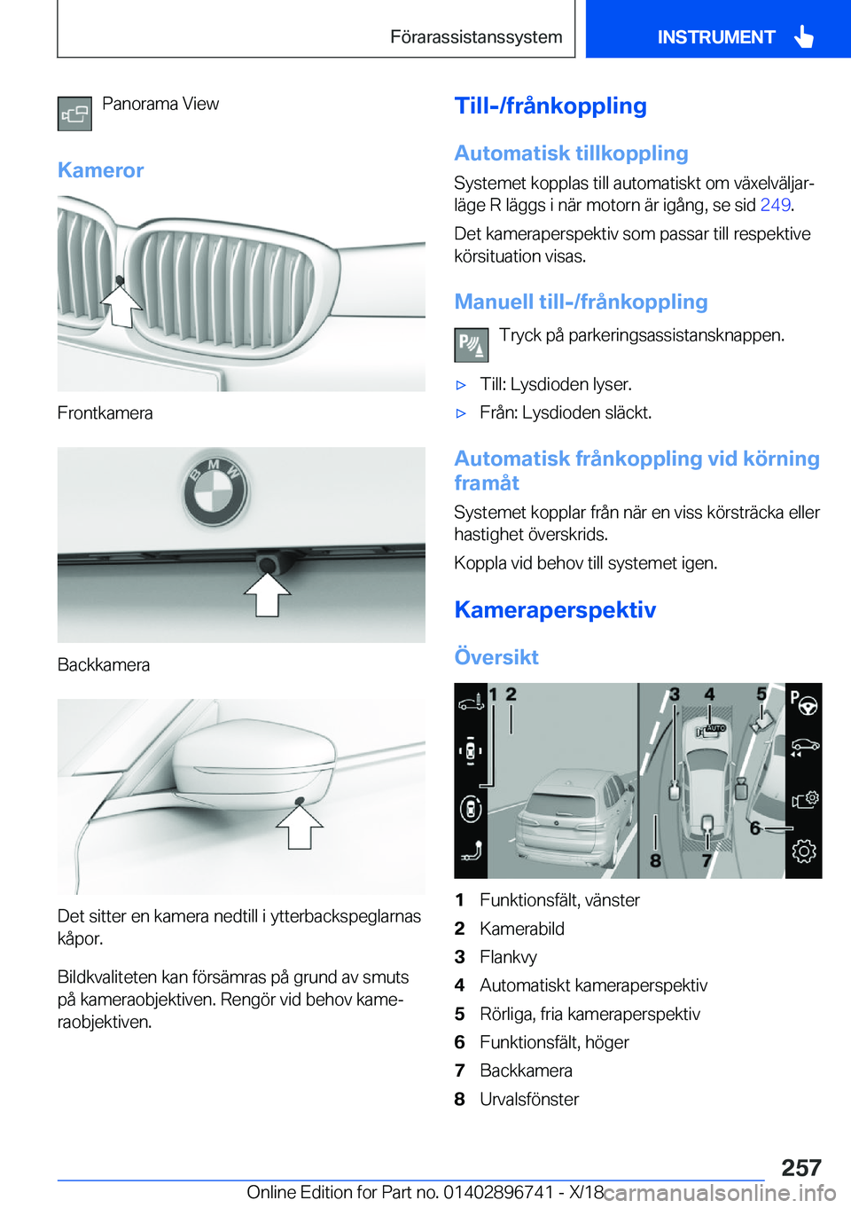 BMW X5 2019  InstruktionsbÖcker (in Swedish) �P�a�n�o�r�a�m�a��V�i�e�w
�K�a�m�e�r�o�r
�F�r�o�n�t�k�a�m�e�r�a
�B�a�c�k�k�a�m�e�r�a
�D�e�t��s�i�t�t�e�r��e�n��k�a�m�e�r�a��n�e�d�t�i�l�l��i��y�t�t�e�r�b�a�c�k�s�p�e�g�l�a�r�n�a�s �k�å�p�o�r�.