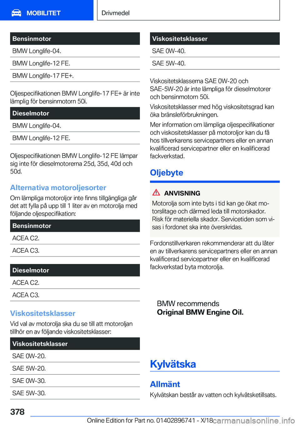 BMW X5 2019  InstruktionsbÖcker (in Swedish) �B�e�n�s�i�n�m�o�t�o�r�B�M�W��L�o�n�g�l�i�f�e�-�0�4�.�B�M�W��L�o�n�g�l�i�f�e�-�1�2��F�E�.�B�M�W��L�o�n�g�l�i�f�e�-�1�7��F�E�+�.
�O�l�j�e�s�p�e�c�i�f�i�k�a�t�i�o�n�e�n��B�M�W��L�o�n�g�l�i�f�e�-�