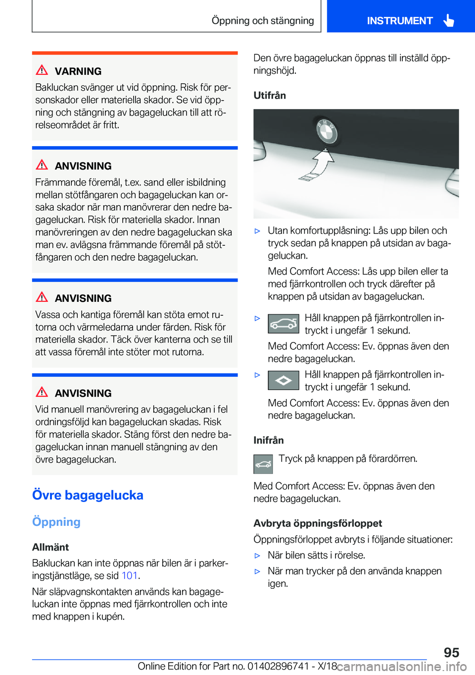 BMW X5 2019  InstruktionsbÖcker (in Swedish) �V�A�R�N�I�N�G
�B�a�k�l�u�c�k�a�n��s�v�ä�n�g�e�r��u�t��v�i�d��