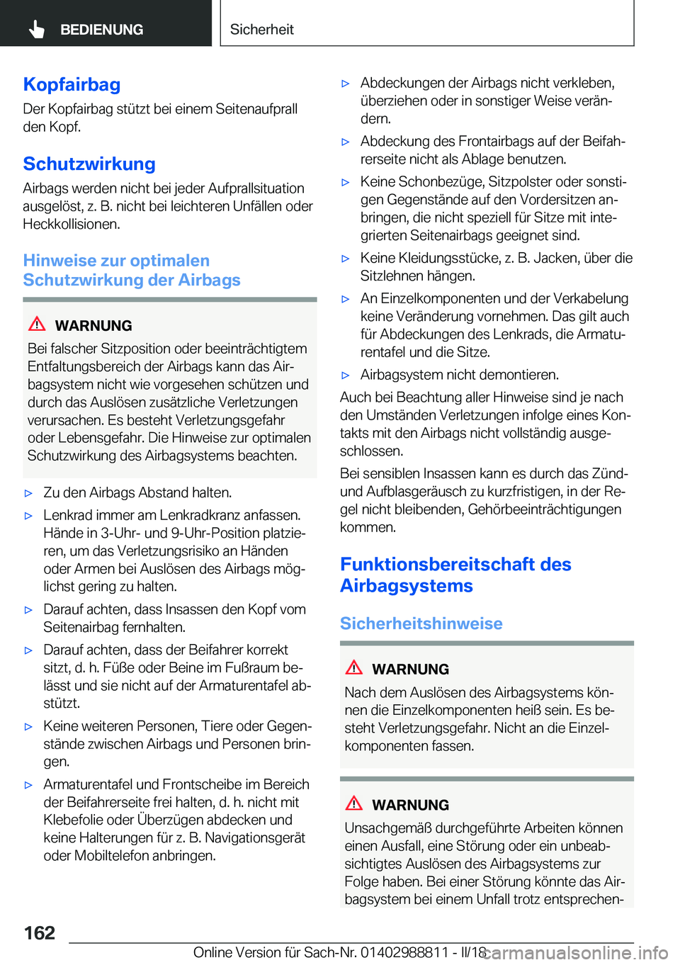 BMW X5 2018  Betriebsanleitungen (in German) �K�o�p�f�a�i�r�b�a�g�D�e�r� �K�o�p�f�a�i�r�b�a�g� �s�t�