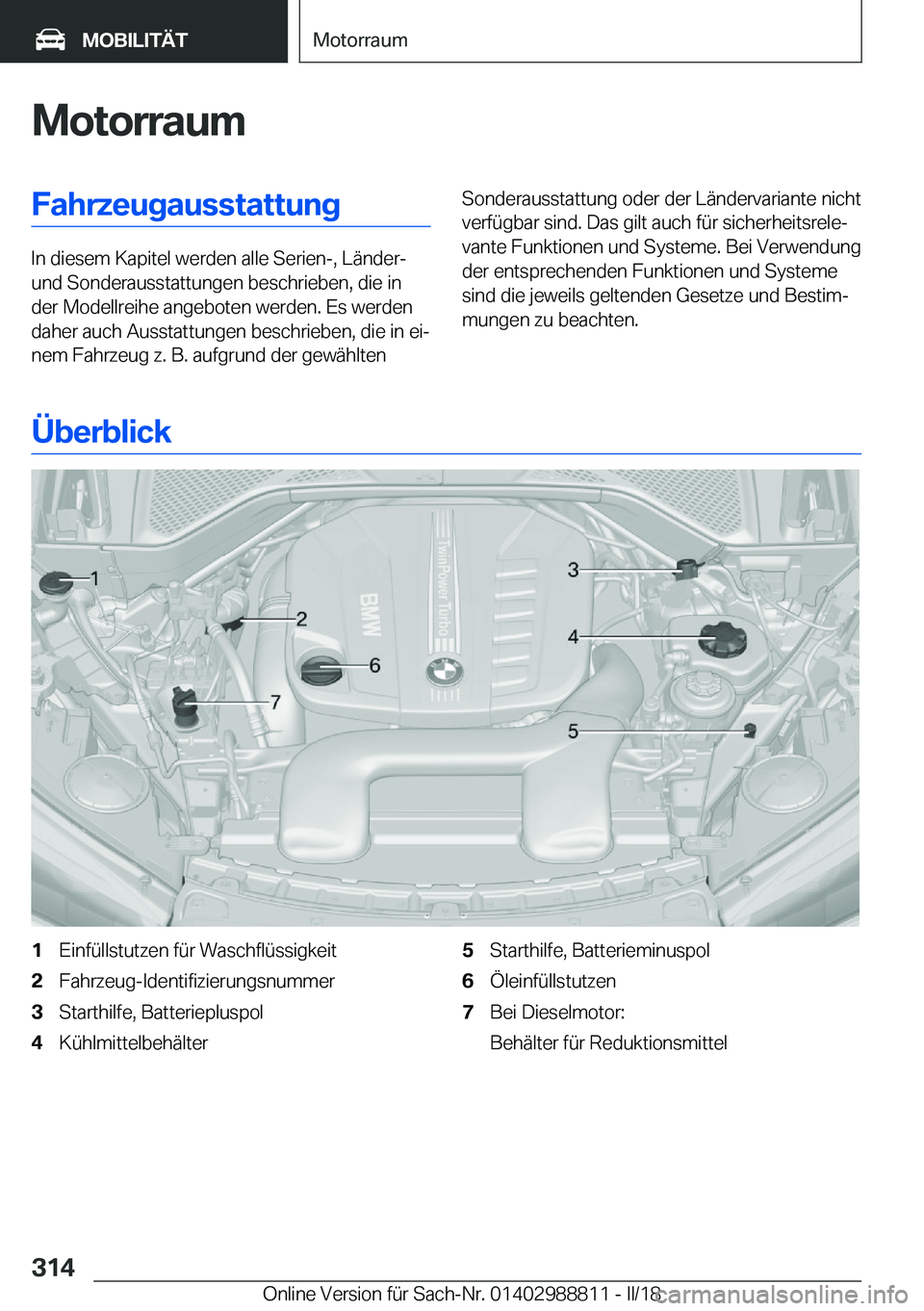 BMW X5 2018  Betriebsanleitungen (in German) �M�o�t�o�r�r�a�u�m�F�a�h�r�z�e�u�g�a�u�s�s�t�a�t�t�u�n�g
�I�n� �d�i�e�s�e�m� �K�a�p�i�t�e�l� �w�e�r�d�e�n� �a�l�l�e� �S�e�r�i�e�n�-�,� �L�