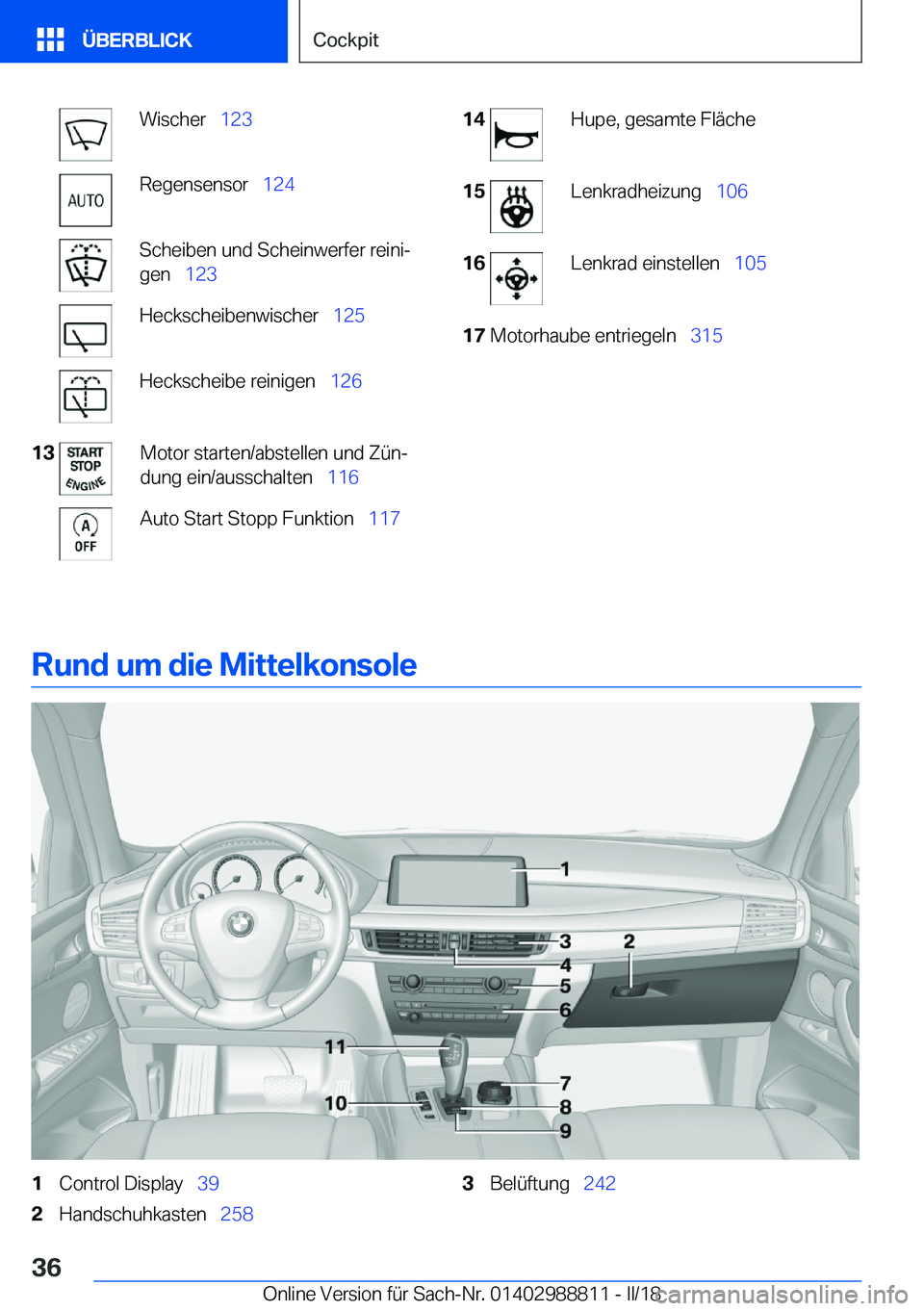 BMW X5 2018  Betriebsanleitungen (in German) �W�i�s�c�h�e�r\_�1�2�3�R�e�g�e�n�s�e�n�s�o�r\_ �1�2�4�S�c�h�e�i�b�e�n� �u�n�d� �S�c�h�e�i�n�w�e�r�f�e�r� �r�e�i�n�ij
�g�e�n\_ �1�2�3�H�e�c�k�s�c�h�e�i�b�e�n�w�i�s�c�h�e�r\_ �1�2�5�H�e�c�k�s�c