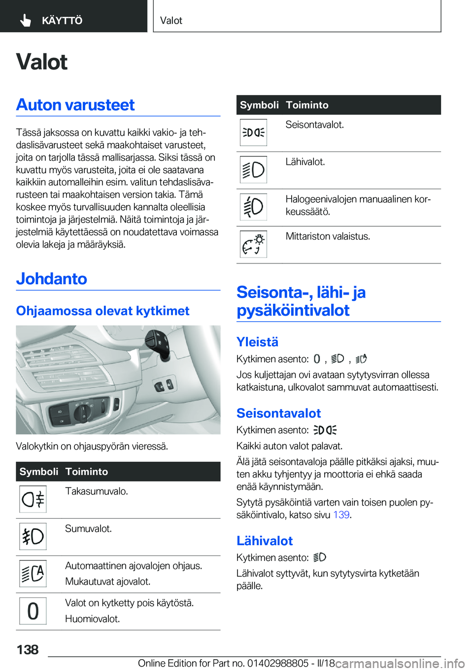 BMW X5 2018  Omistajan Käsikirja (in Finnish) �V�a�l�o�t�A�u�t�o�n��v�a�r�u�s�t�e�e�t
�T�