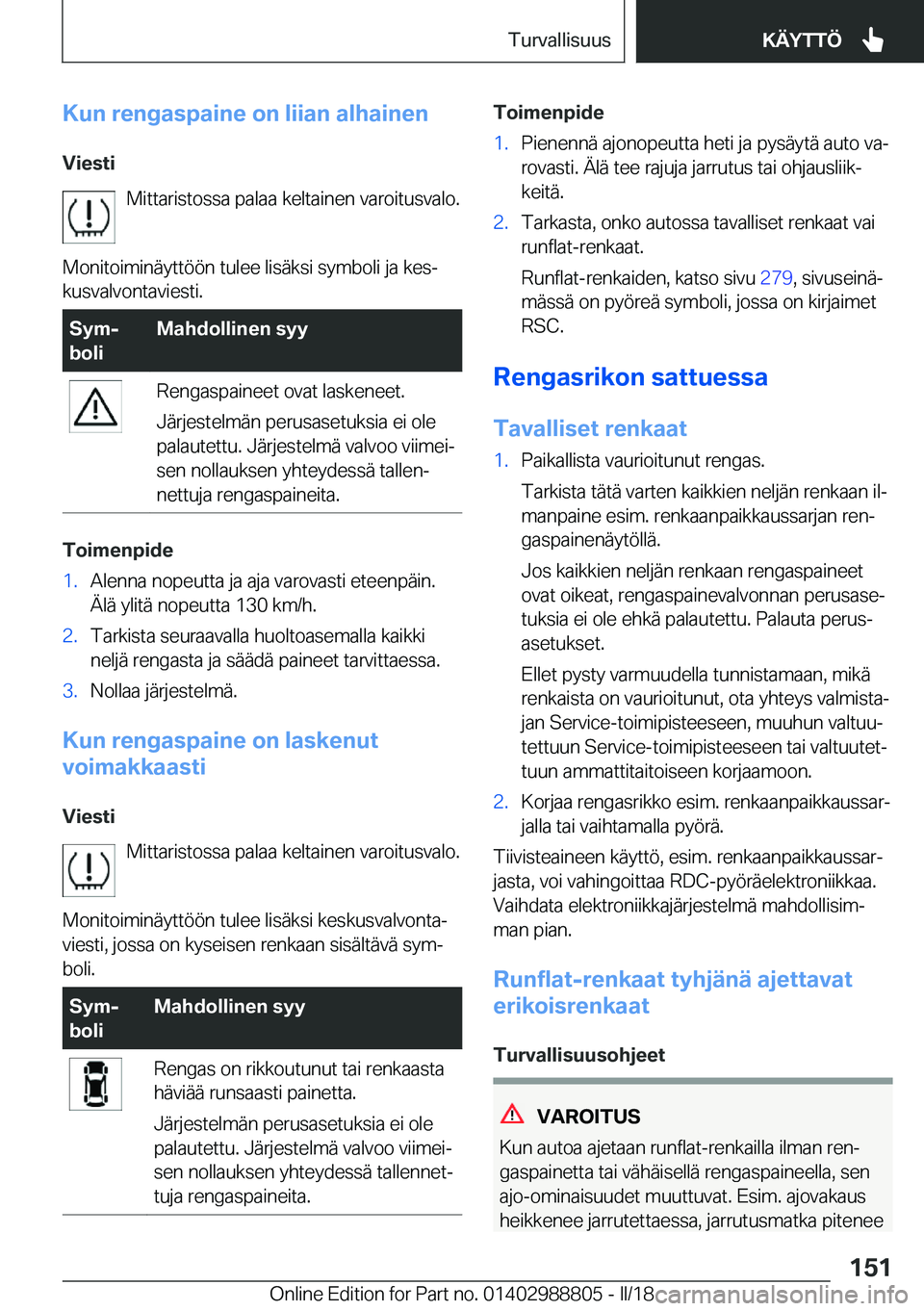BMW X5 2018  Omistajan Käsikirja (in Finnish) �K�u�n��r�e�n�g�a�s�p�a�i�n�e��o�n��l�i�i�a�n��a�l�h�a�i�n�e�n
�V�i�e�s�t�i �M�i�t�t�a�r�i�s�t�o�s�s�a� �p�a�l�a�a� �k�e�l�t�a�i�n�e�n� �v�a�r�o�i�t�u�s�v�a�l�o�.
�M�o�n�i�t�o�i�m�i�n�