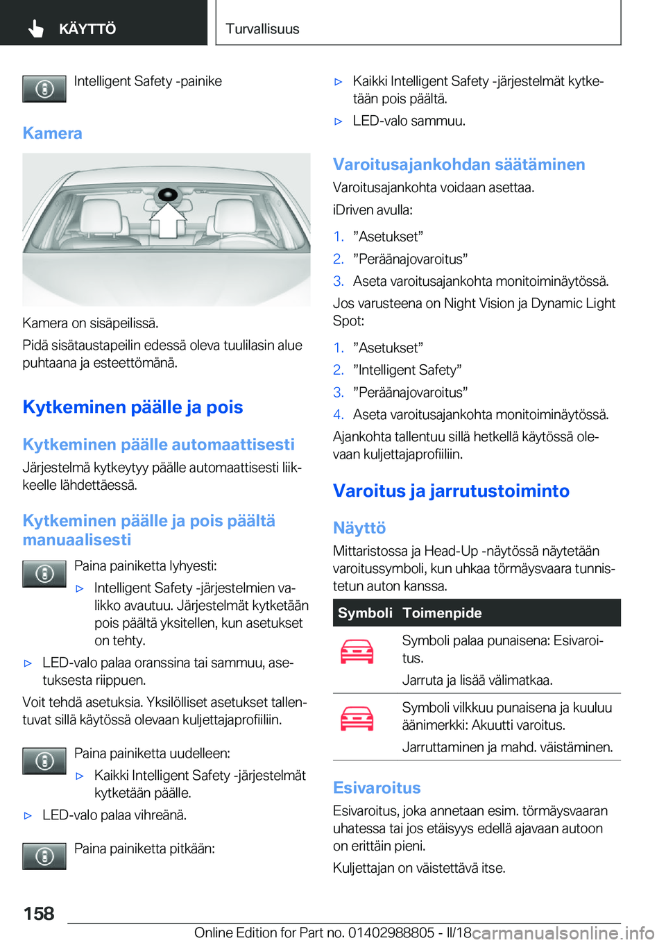 BMW X5 2018  Omistajan Käsikirja (in Finnish) �I�n�t�e�l�l�i�g�e�n�t� �S�a�f�e�t�y� �-�p�a�i�n�i�k�e
�K�a�m�e�r�a
�K�a�m�e�r�a� �o�n� �s�i�s�