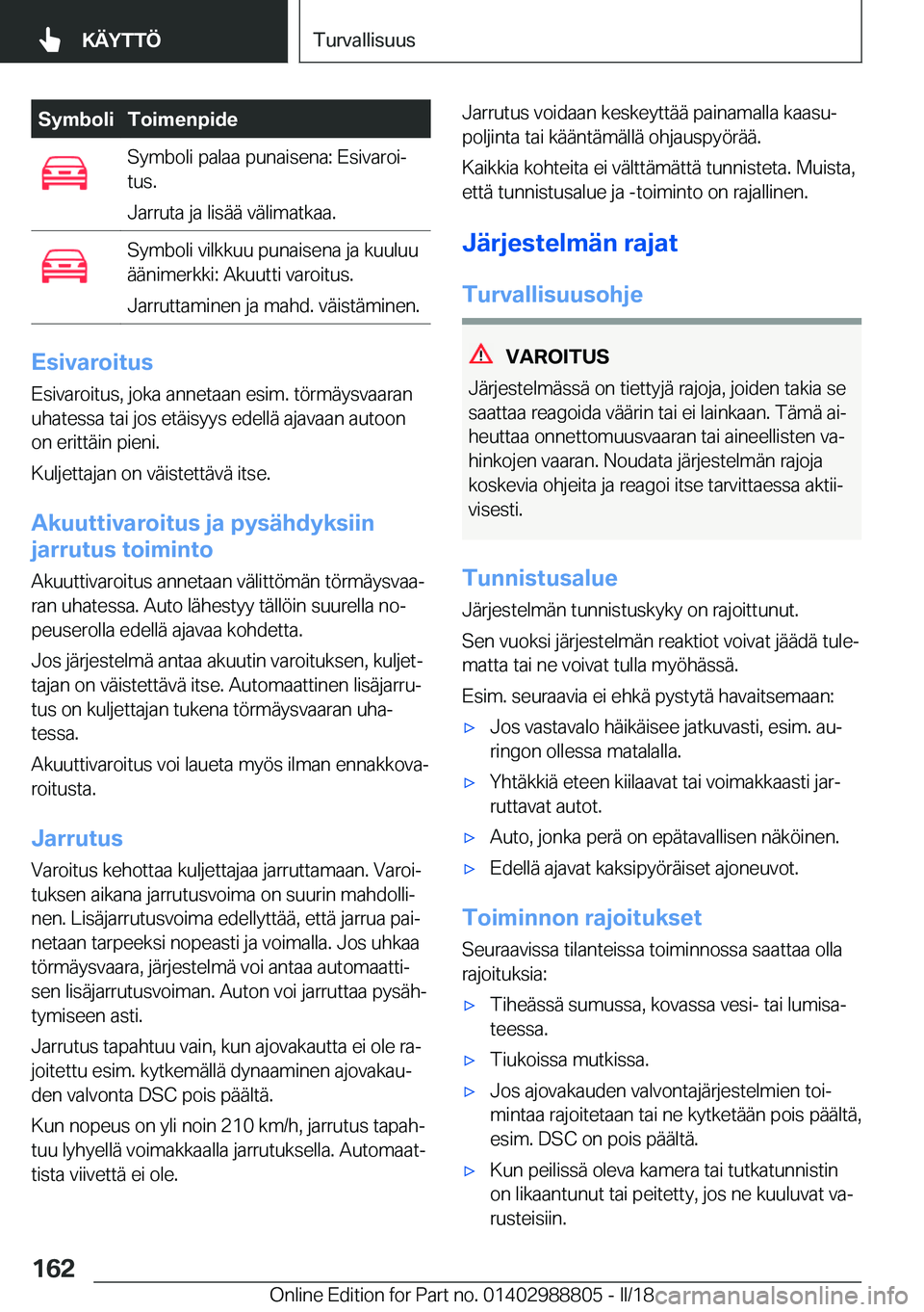 BMW X5 2018  Omistajan Käsikirja (in Finnish) �S�y�m�b�o�l�i�T�o�i�m�e�n�p�i�d�e�S�y�m�b�o�l�i� �p�a�l�a�a� �p�u�n�a�i�s�e�n�a�:� �E�s�i�v�a�r�o�ij
�t�u�s�.
�J�a�r�r�u�t�a� �j�a� �l�i�s�