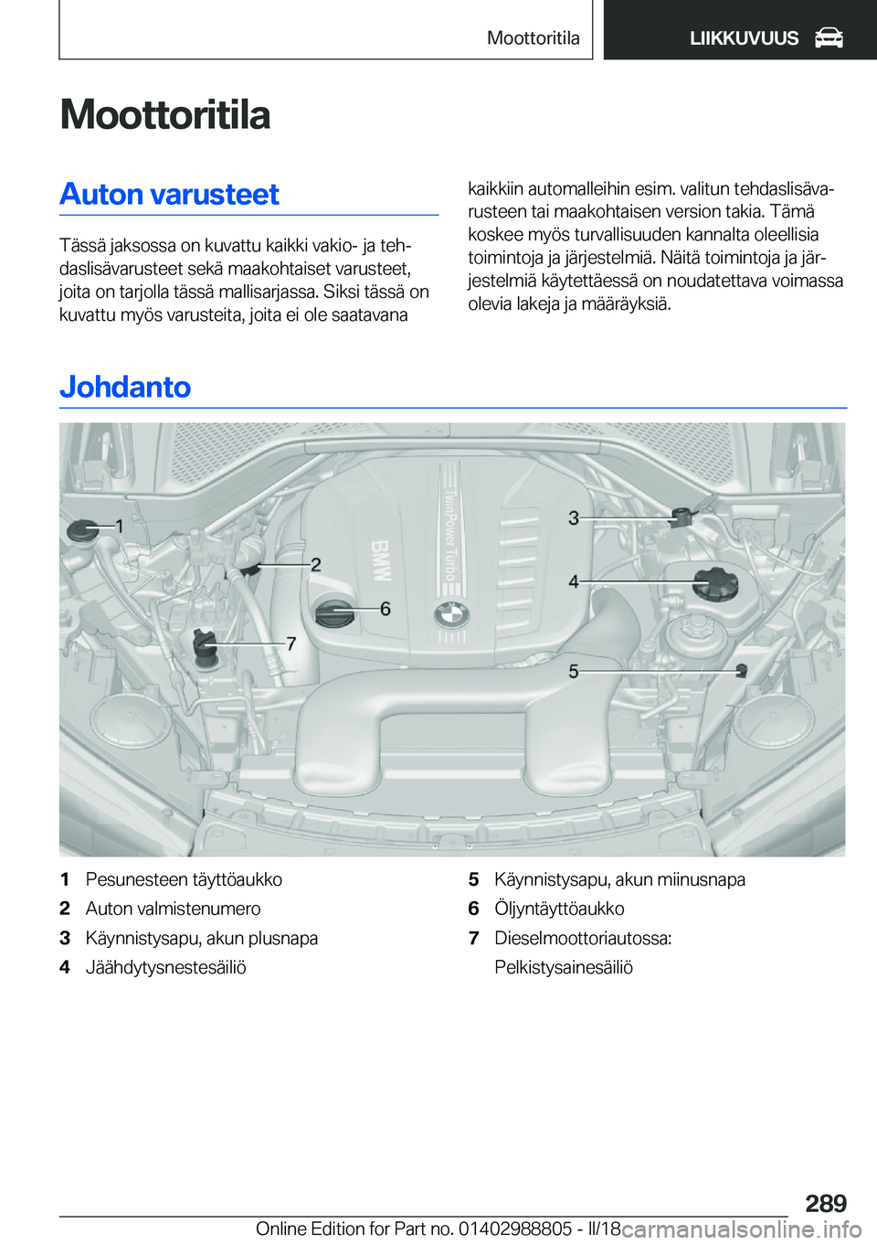 BMW X5 2018  Omistajan Käsikirja (in Finnish) �M�o�o�t�t�o�r�i�t�i�l�a�A�u�t�o�n��v�a�r�u�s�t�e�e�t
�T�