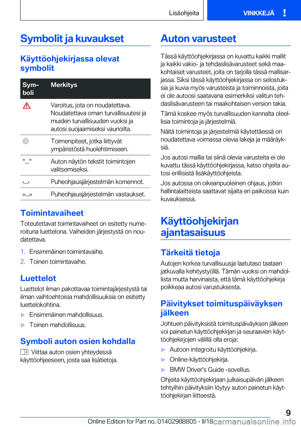 BMW X5 2018  Omistajan Käsikirja (in Finnish) �S�y�m�b�o�l�i�t��j�a��k�u�v�a�u�k�s�e�t
�K�