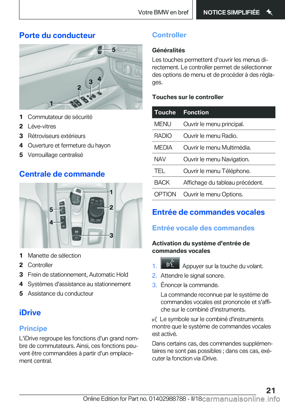 BMW X5 2018  Notices Demploi (in French) �P�o�r�t�e��d�u��c�o�n�d�u�c�t�e�u�r�1�C�o�m�m�u�t�a�t�e�u�r� �d�e� �s�é�c�u�r�i�t�é�2�L�è�v�e�-�v�i�t�r�e�s�3�R�é�t�r�o�v�i�s�e�u�r�s� �e�x�t�é�r�i�e�u�r�s�4�O�u�v�e�r�t�u�r�e� �e�t� �f�e�r�m�