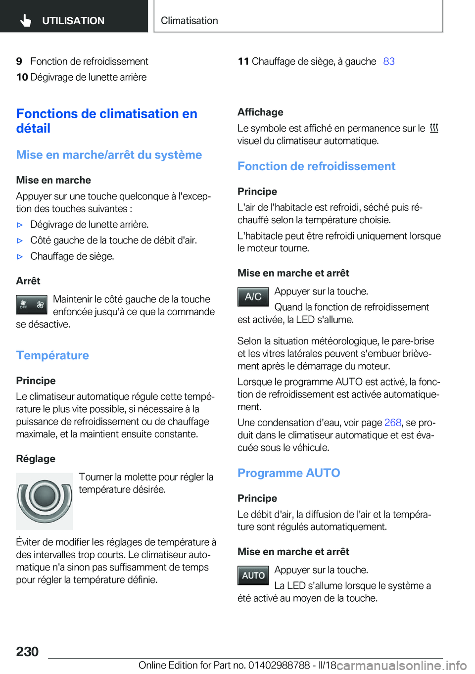 BMW X5 2018  Notices Demploi (in French) �9�F�o�n�c�t�i�o�n� �d�e� �r�e�f�r�o�i�d�i�s�s�e�m�e�n�t�1�0�D�é�g�i�v�r�a�g�e� �d�e� �l�u�n�e�t�t�e� �a�r�r�i�è�r�e�1�1�C�h�a�u�f�f�a�g�e� �d�e� �s�i�è�g�e�,� �