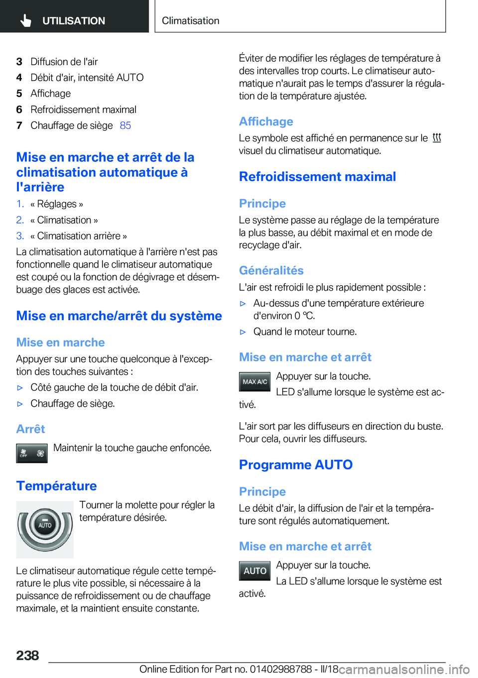 BMW X5 2018  Notices Demploi (in French) �3�D�i�f�f�u�s�i�o�n� �d�e� �l�'�a�i�r�4�D�é�b�i�t� �d�'�a�i�r�,� �i�n�t�e�n�s�i�t�é� �A�U�T�O�5�A�f�f�i�c�h�a�g�e�6�R�e�f�r�o�i�d�i�s�s�e�m�e�n�t� �m�a�x�i�m�a�l�7�C�h�a�u�f�f�a�g�e� �d�e� 