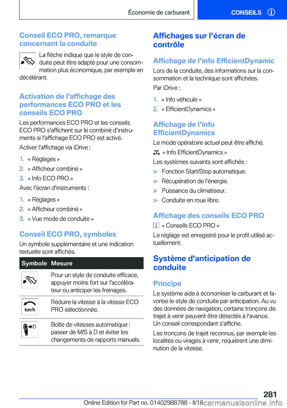 BMW X5 2018  Notices Demploi (in French) �C�o�n�s�e�i�l��E�C�O��P�R�O�,��r�e�m�a�r�q�u�e
�c�o�n�c�e�r�n�a�n�t��l�a��c�o�n�d�u�i�t�e
�L�a� �f�l�è�c�h�e� �i�n�d�i�q�u�e� �q�u�e� �l�e� �s�t�y�l�e� �d�e� �c�o�nj
�d�u�i�t�e� �p�e�u�t� �ê�