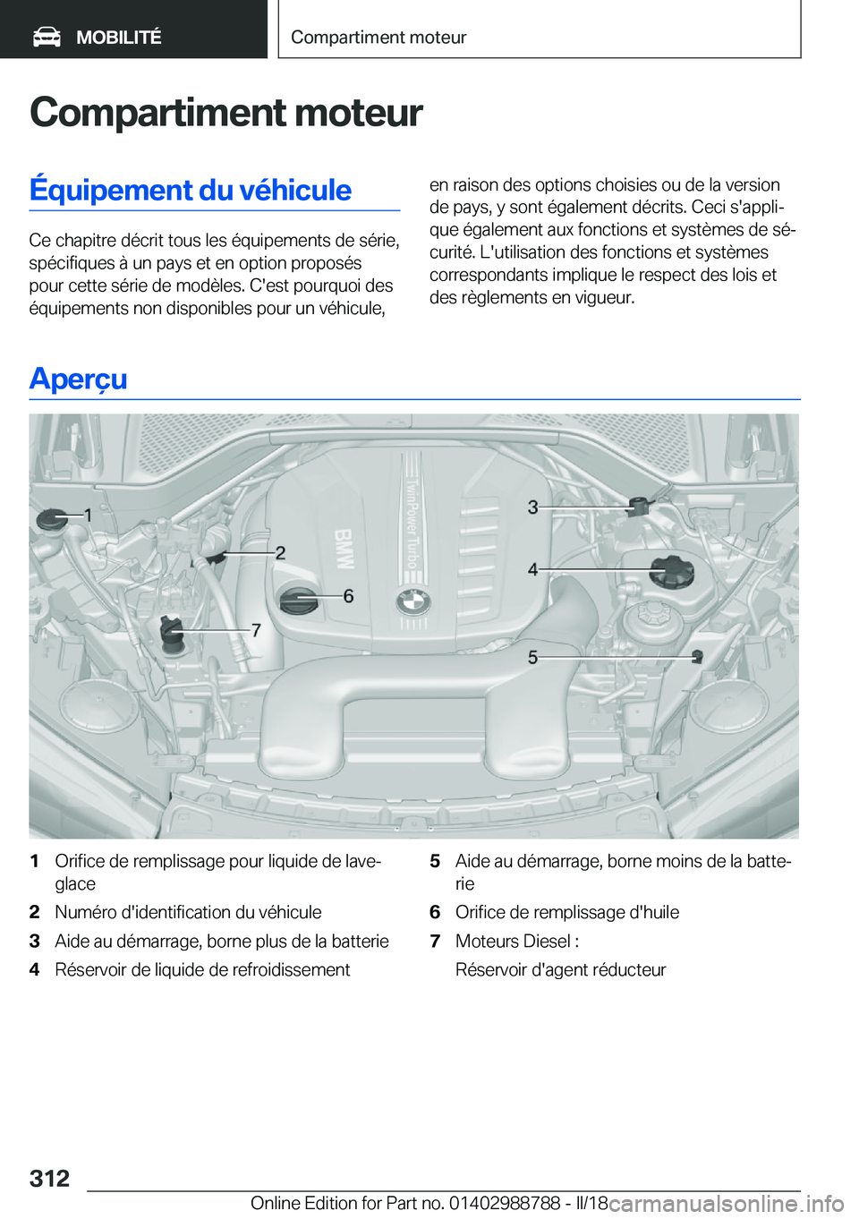 BMW X5 2018  Notices Demploi (in French) �C�o�m�p�a�r�t�i�m�e�n�t��m�o�t�e�u�r�É�q�u�i�p�e�m�e�n�t��d�u��v�é�h�i�c�u�l�e
�C�e� �c�h�a�p�i�t�r�e� �d�é�c�r�i�t� �t�o�u�s� �l�e�s� �é�q�u�i�p�e�m�e�n�t�s� �d�e� �s�é�r�i�e�,�s�p�é�c�i�f�