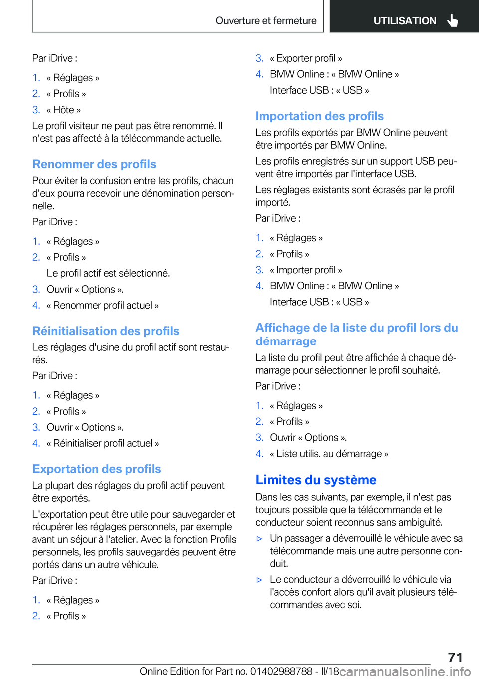 BMW X5 2018  Notices Demploi (in French) �P�a�r� �i�D�r�i�v�e� �:�1�.�k� �R�é�g�l�a�g�e�s� �{�2�.�k� �P�r�o�f�i�l�s� �{�3�.�k� �H�