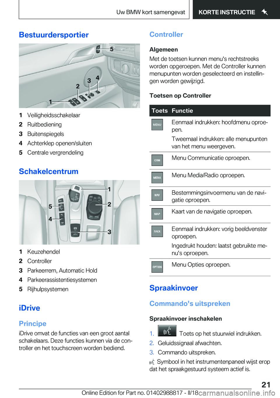 BMW X5 2018  Instructieboekjes (in Dutch) �B�e�s�t�u�u�r�d�e�r�s�p�o�r�t�i�e�r�1�V�e�i�l�i�g�h�e�i�d�s�s�c�h�a�k�e�l�a�a�r�2�R�u�i�t�b�e�d�i�e�n�i�n�g�3�B�u�i�t�e�n�s�p�i�e�g�e�l�s�4�A�c�h�t�e�r�k�l�e�p� �o�p�e�n�e�n�/�s�l�u�i�t�e�n�5�C�e�n�t